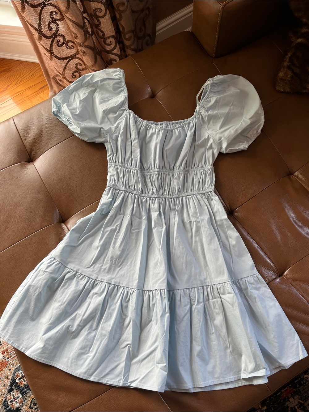Light Blue Puff-Sleeve Juniors  Dress - Charming Tiered Summer Style